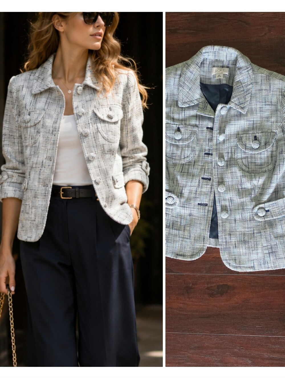 LOFT Cream and Black Tweed Button-Front Blazer